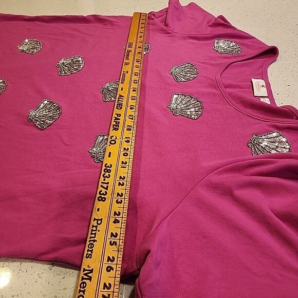 quacker factory 2x Pick Cotton T-Shirt Silver Sequins Sea Shells Short Sleeve - Picture 5 of 5